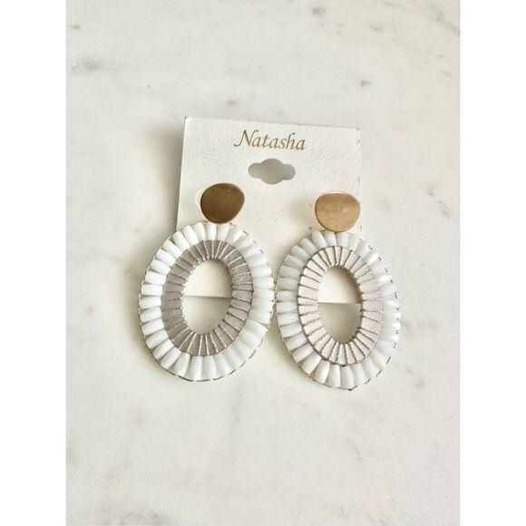 Natasha grey and white beaded oval dangle earrings - Picture 2 of 3